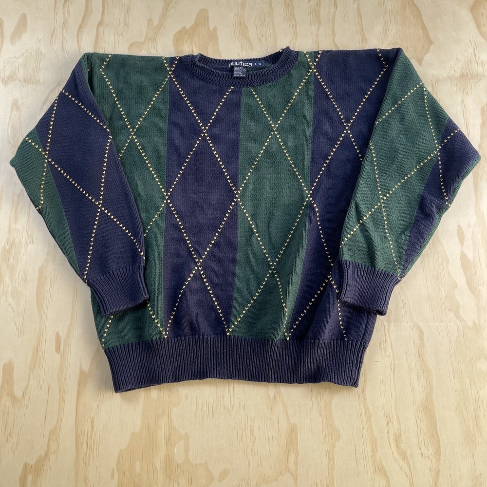 Vintage Nautica Sweater Mens Large Blue Green Argyle Knit Cotton Pullover 90s